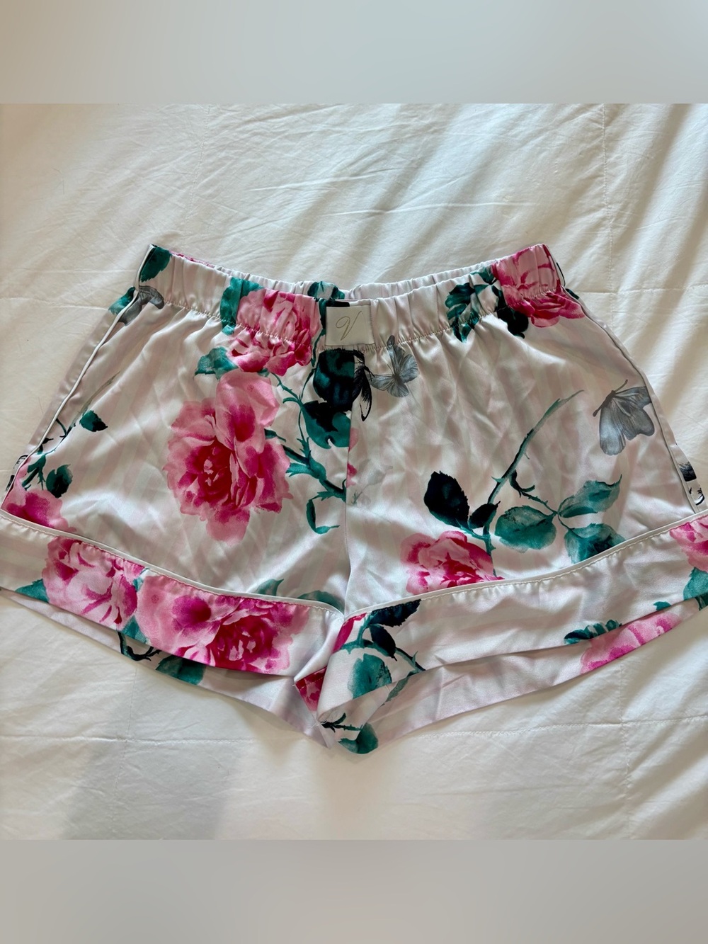 VICTORIAS SECRET Sz Small Satiny Pink Roses Floral Sleep Shorts Pajama Bottoms